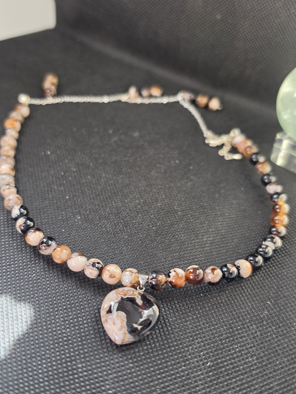 Handcrafted Black Flower Agate Beaded Necklace set, including earrings.